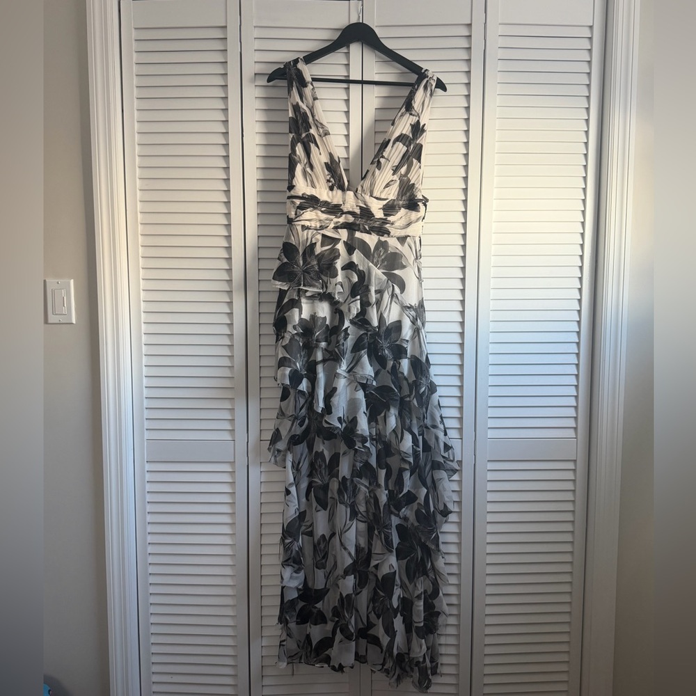 ALICE+OLIVIA Holly Low Neck Asymmetric Ruffled Maxi Dress in Stargazer Off White